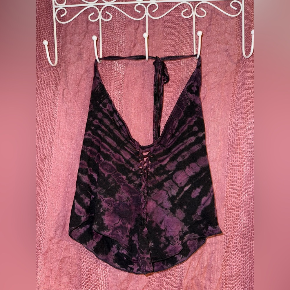Open Back Black Purple Tie-Dye Slit Weave Halter Plush Hippie Boho Top